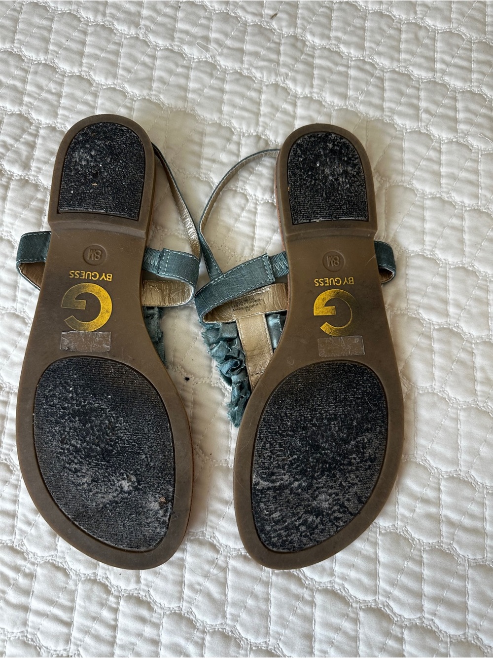 G by Guess Teal Ruffle T-Strap Sandals Teal/Turquoise size 8 worn once - Picture 3 of 3